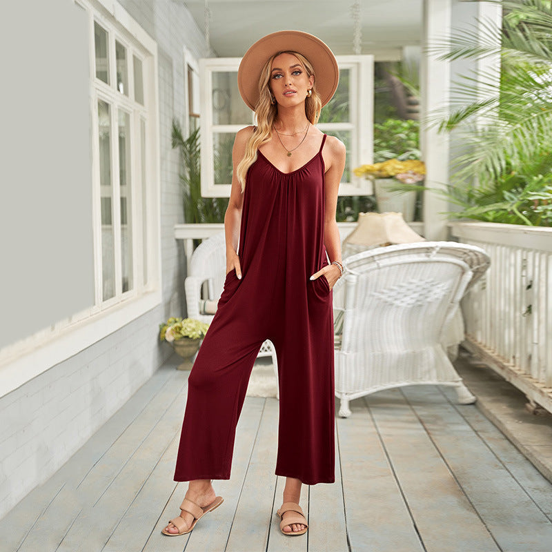 Summer Casual Suspender Jumpsuit Women Loose Solid Color Simple Wide Leg Pants