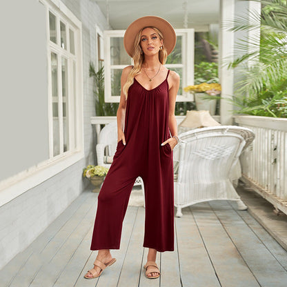 Summer Casual Suspender Jumpsuit Women Loose Solid Color Simple Wide Leg Pants