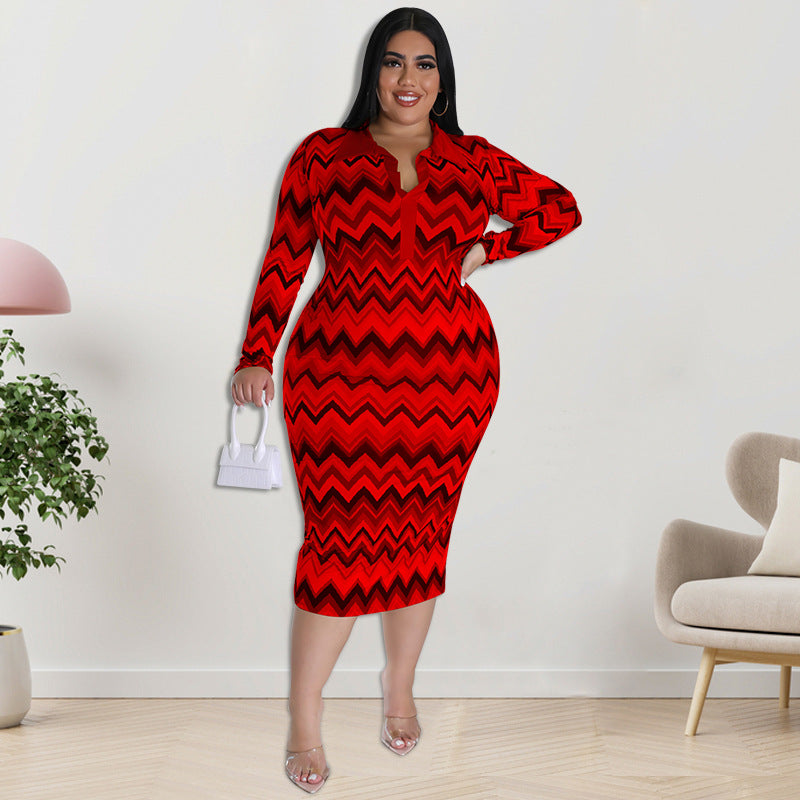 Plus Size Women Clothes Long Sleeve Collar Printed Open Tube Dress Source