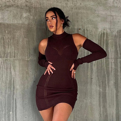 Knitted Women Autumn Dress Sexy See through Tight round Neck Stitching Long Sleeve Narrow Short
