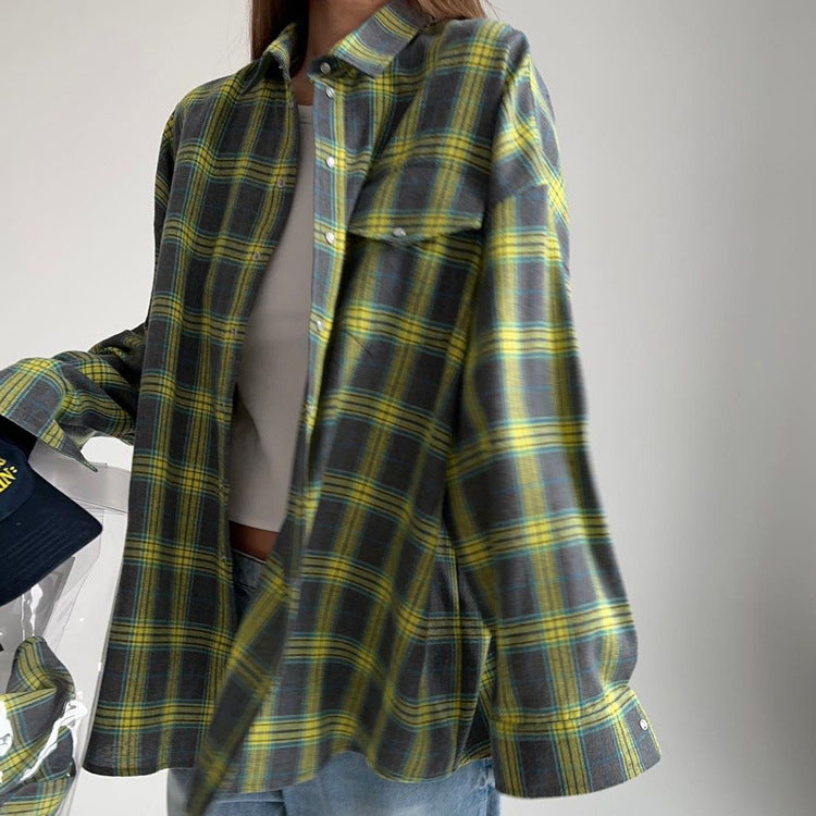 Retro All Matching Collared Loose Shirt Autumn Plaid Long Sleeve Pocket Women Shirt