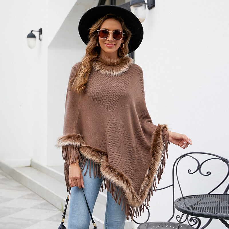 Knitted Tassel Cloak Women Autumn Winter Solid Color Pullover Loose Inverness