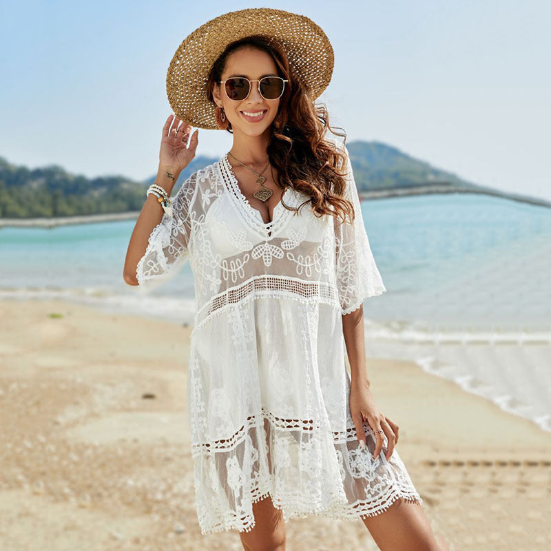 Lace Patchwork Embroidered Beach Blouse Sexy Seaside Vacation Sun Protection Shirt Beach Cover Up