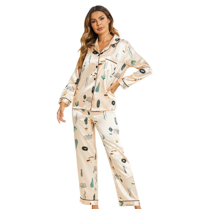 Fall Winter Ladies Home Casual Suit Artificial Silk Satin Printed Pajamas Suit Women