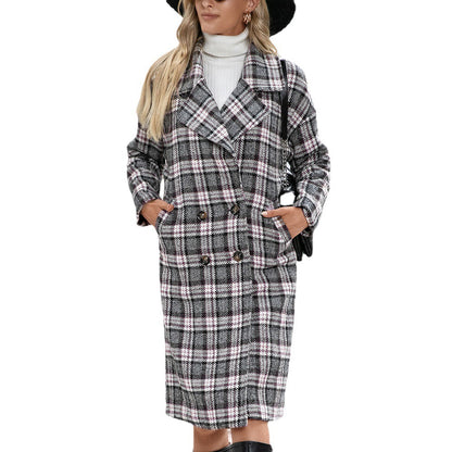 Blazer Collar Double Breasted Long Cashmere Houndstooth Woolen Coat Plaid Trench Coat for Women