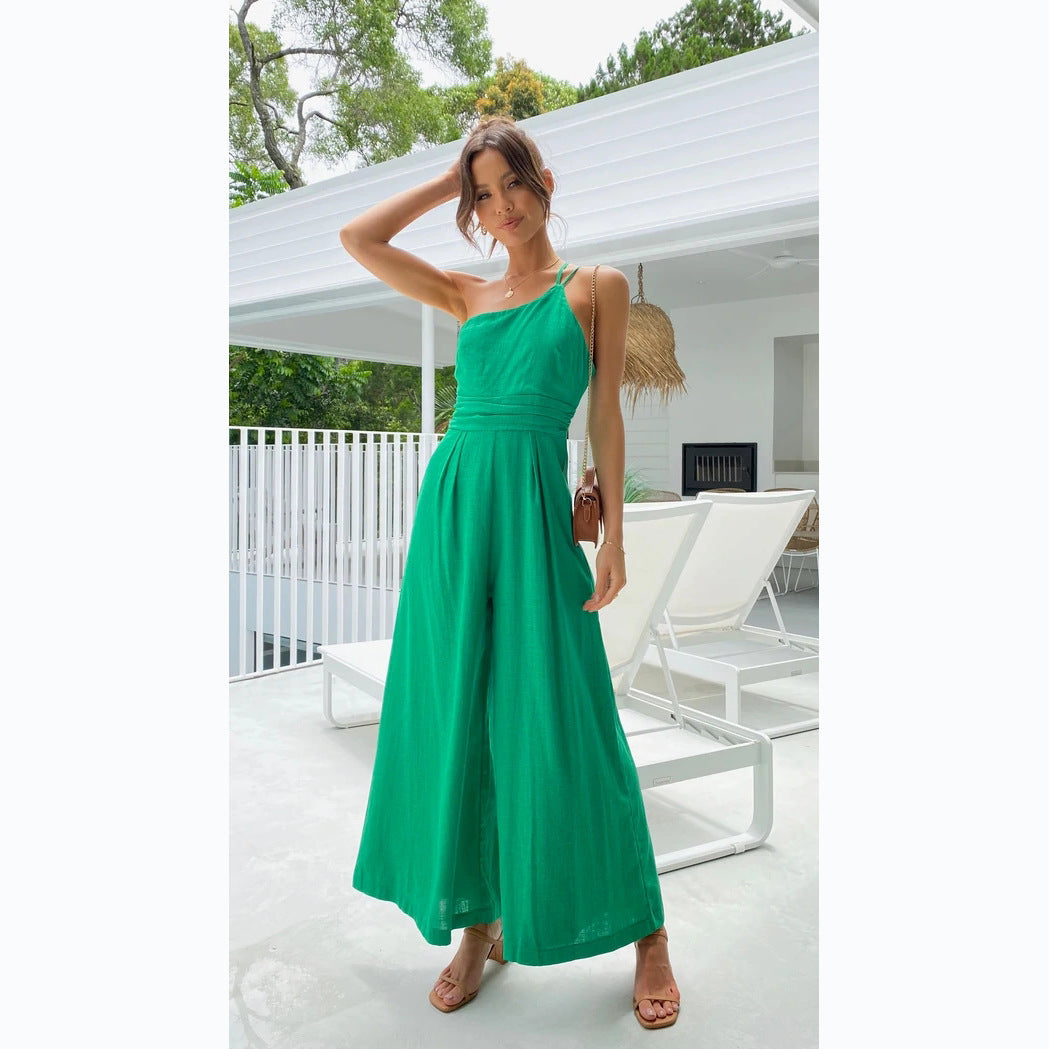 Spring Summer Solid Color Loose Wide-Leg Cotton Linen Jumpsuit