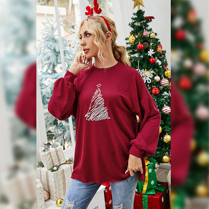 Christmas Tree Loose Long Sleeve round Neck Women Printed Wear Top  Wine Red Mid-Length Sweater
