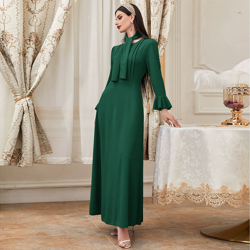 Women  Clothing round Neck Long Sleeve High Waist Ruffles A  line Dress Maxi Dress