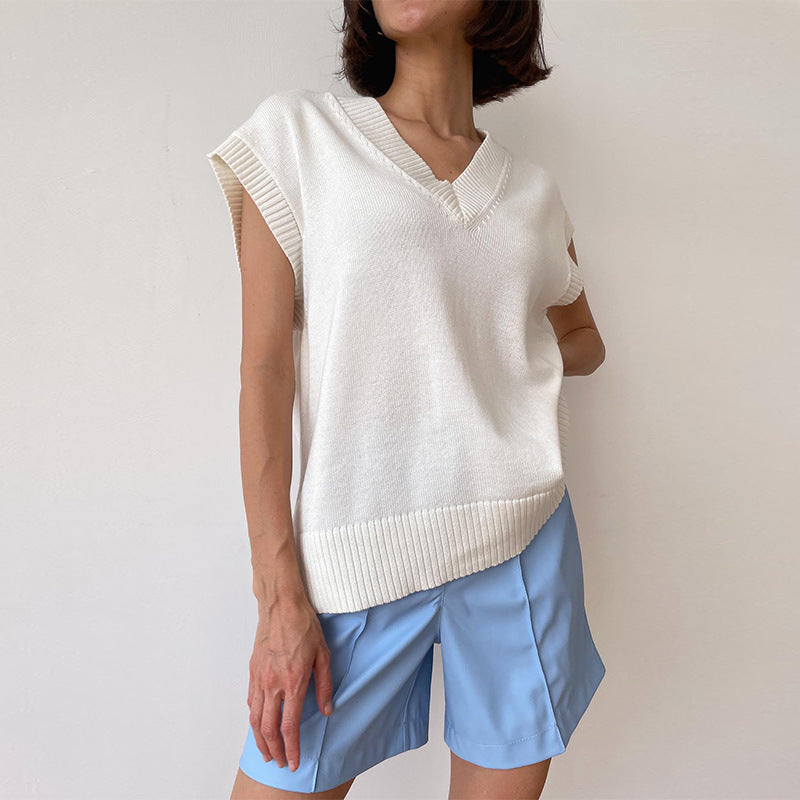 Loose V Neck Knitted Sweater Vest Women Polo Autumn Winter Sleeveless Knitwear Women