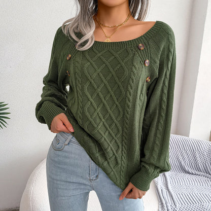 Autumn Winter Casual Square Collar Clinch Twist Knitted Pullover Sweater Women Clothing