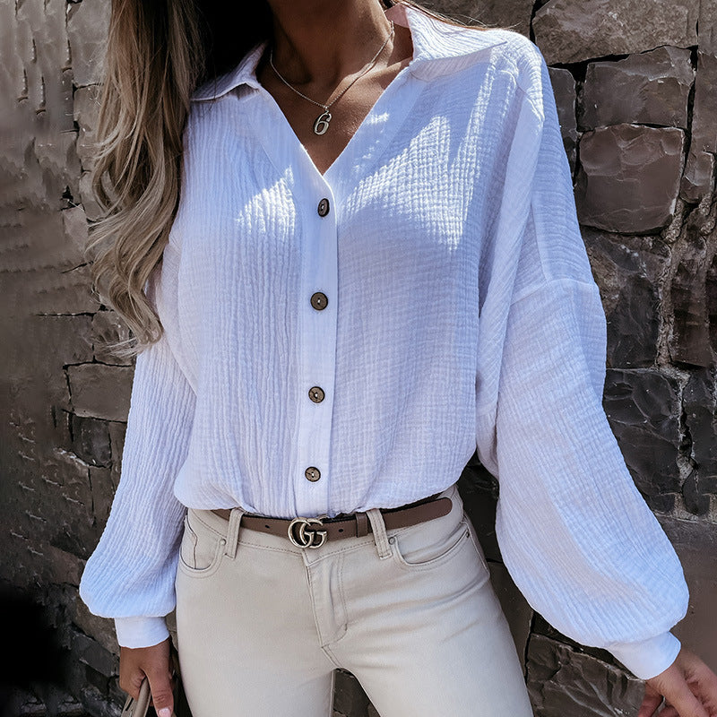 Polo Collar V neck Pleated Cuff Women Shirt Solid Color Women Clothing