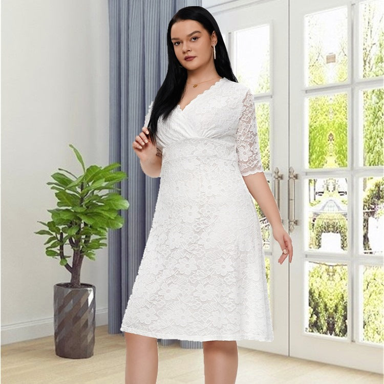 Plus Size Evening Dress Short Hollow Out Cutout Lace Dress