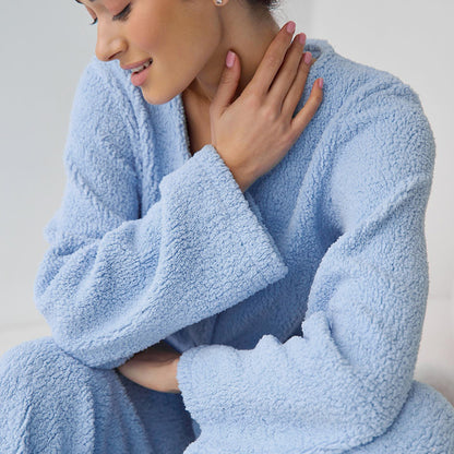 Blue Woolen Comfortable Warm Long Sleeves Pajamas Two Piece Set Exclusive for Ladies Homewear