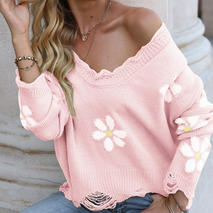 Autumn Winter Ripped Long Sleeves Loose Sweater Little Floral V-neck Pullover Sweater