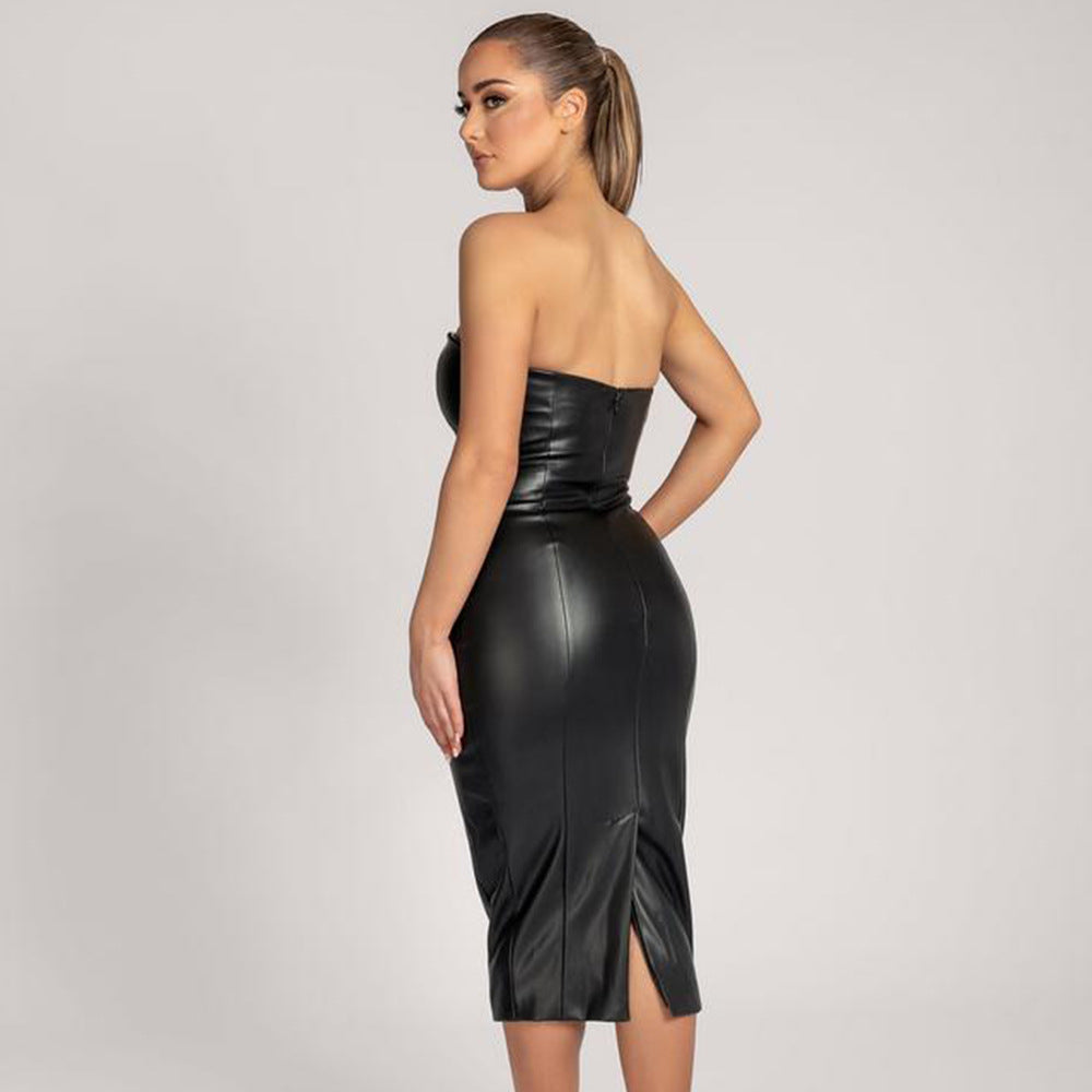 Autumn Winter Solid Color Faux Leather Elegant Slim-Fit Tube Top Back Slit Sexy Midi Dress