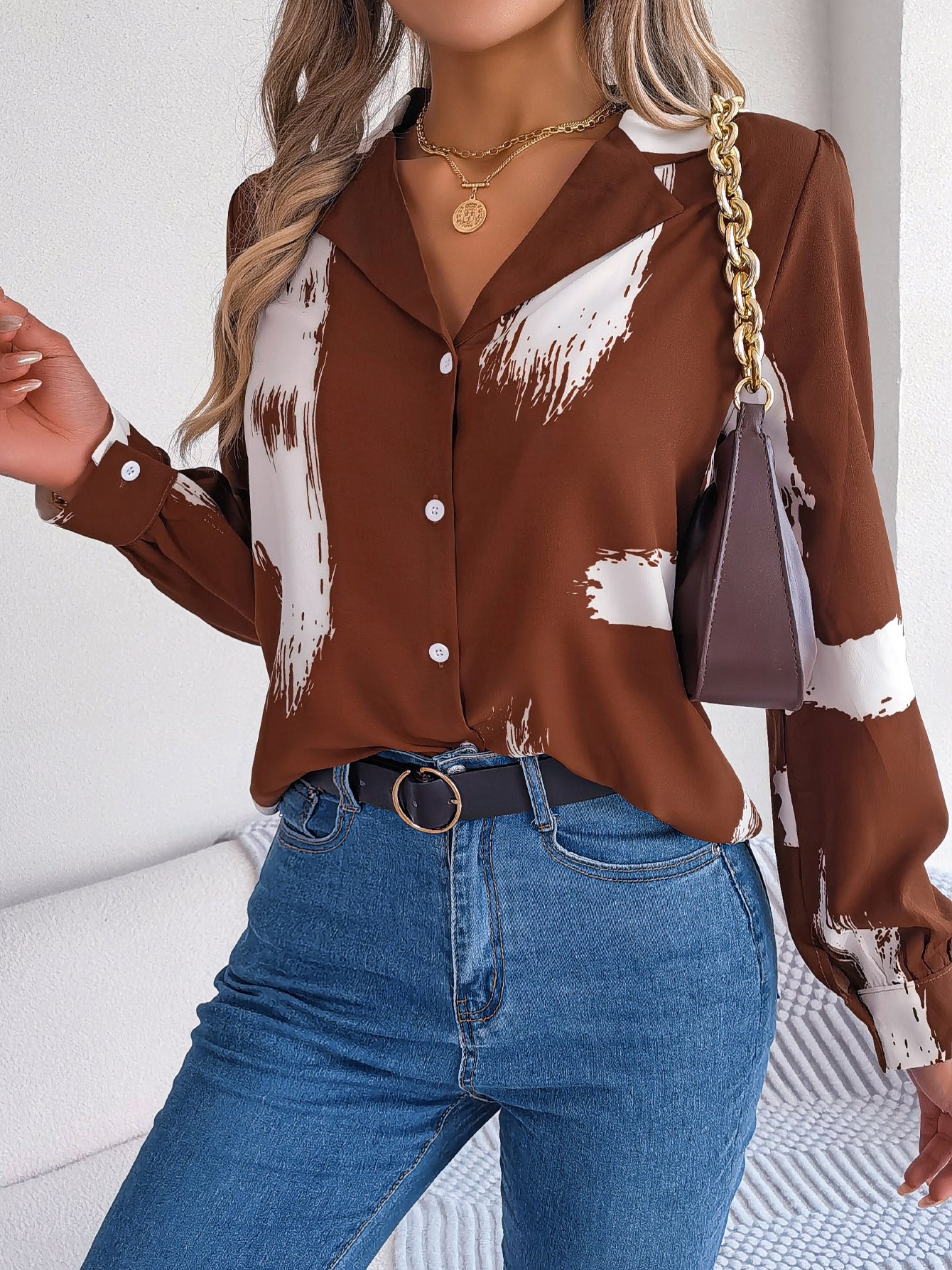 Autumn Winter Contrast Color Striped Collar Long Sleeve Shirt Women Clothing