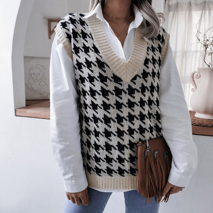 Autumn Winter  V-neck Houndstooth Casual Loose Knitted Vest Sweater Waistcoat Women Clothing