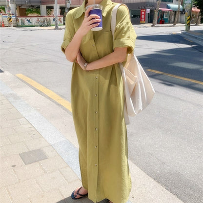 Korean Summer Short Sleeve Long Pattern Dress Loose Lazy Over The Knee Shirt Dress Women