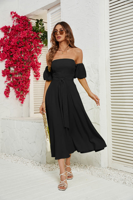 Summer Dress Vacation Bubble Sleeve Solid Color Split Dress for Women
