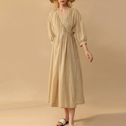 Spring V neck Placket Tied Dress French Lazy Cotton Design Puff Sleeve Midi Dress