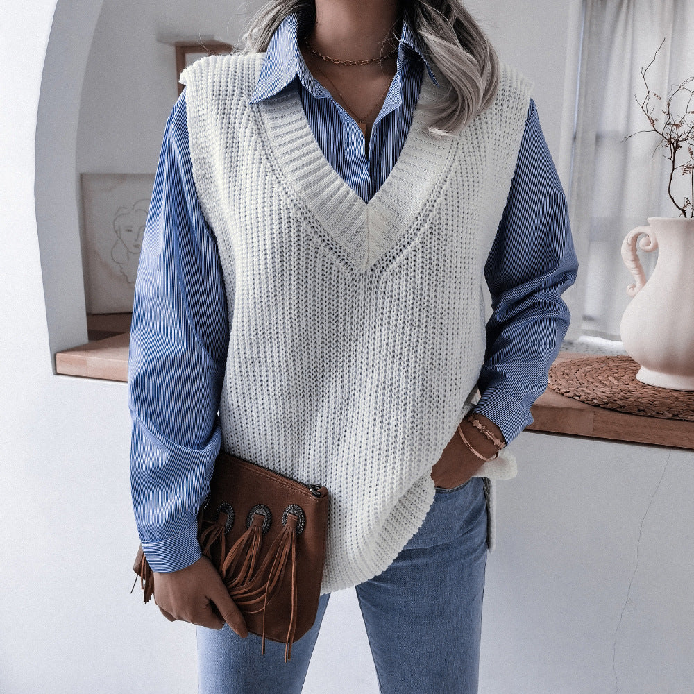 Autumn Winter  V-neck Casual Loose Knitted Sweater Vest Jacket Women Clothing