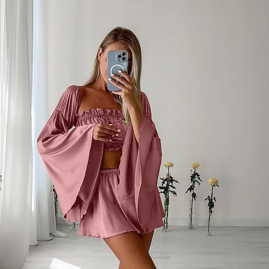 Sexy Artificial Silk Bell Sleeve Pajamas Two Piece Set Long Sleeve Shorts Ladies Homewear