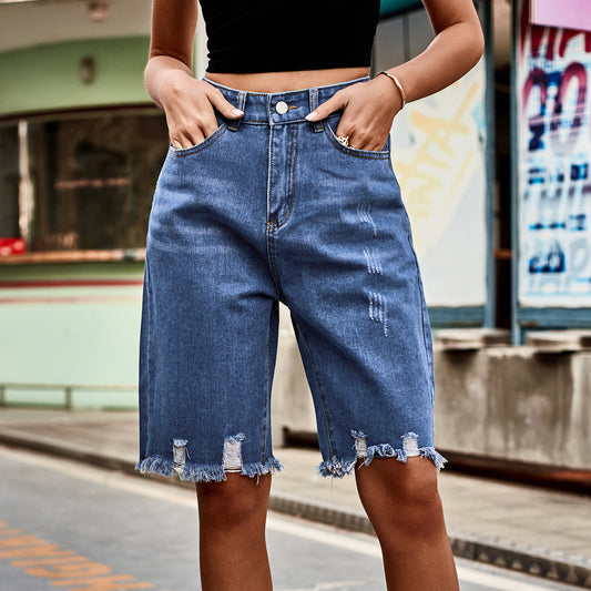 Denim With Hole Fifth Pants Fashionable Frayed Hem Tasseled Jeans Women