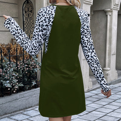 Spring Leopard Splicing Casual round Neck Long Sleeve T shirt Dress for Women