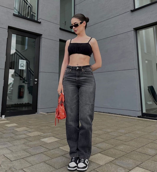 High Waist Straight Jeans Women Pure Black Casual   Loose Drooping Street
