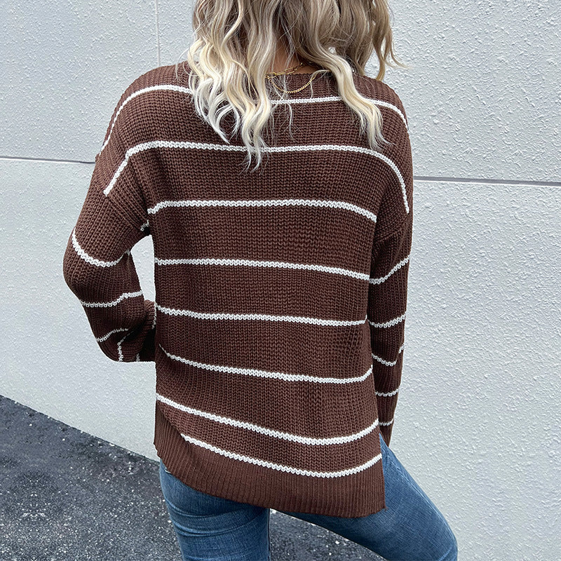 Autumn Winter Casual Women Wear V neck Long Sleeve Striped Sweater for Women