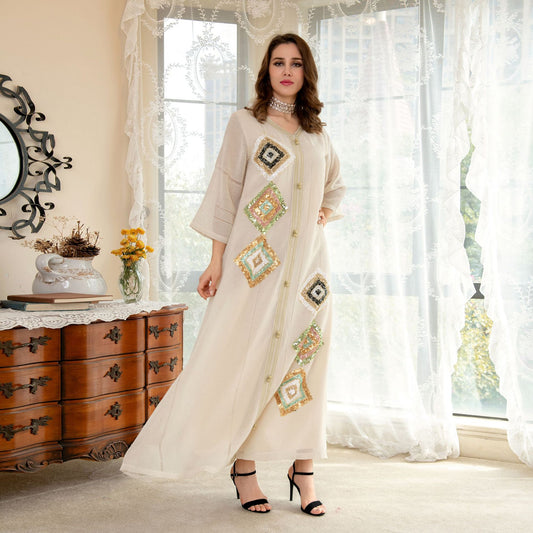 Muslim Cotton Linen Four Sides Sequin Embroidery Floral  Skin Color Loose Version Gown