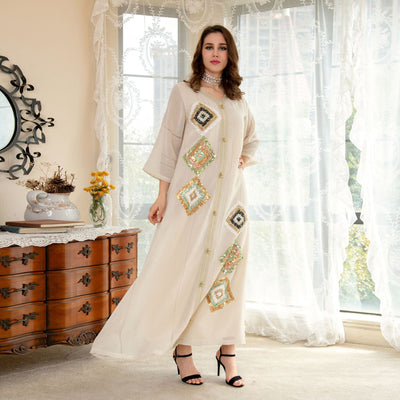 Muslim Cotton Linen Four Sides Sequin Embroidery Floral  Skin Color Loose Version Gown