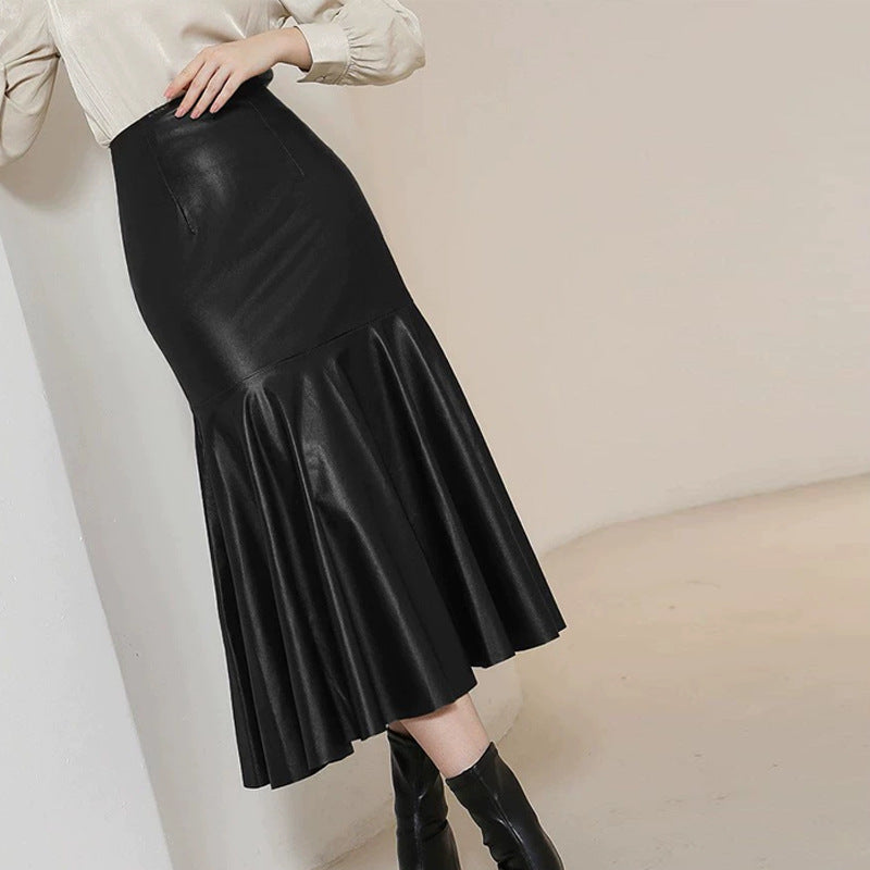 Leather Skirt Elegant Black Leather Skirt High Waist Slimming Sheath Trendy Skirt