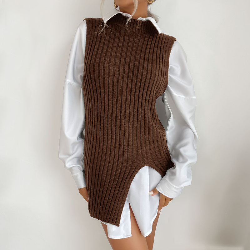 Dedicated for Early Autumn Middle East Women Split Solid Color Mid Length Vest Sweater