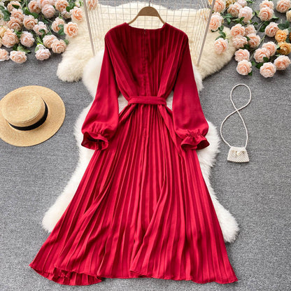 Wear Long Sleeves V-neck Bow Lace-up Cinched Waist over-the-Knee Maxi Dress Women French Retro Big Swing Dress Pleated