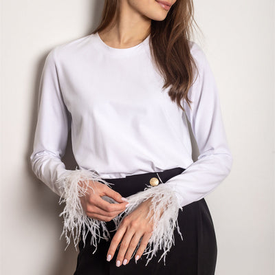 Women Clothing round Neck Stitching Feather T shirt Women Casual Office Top Supply