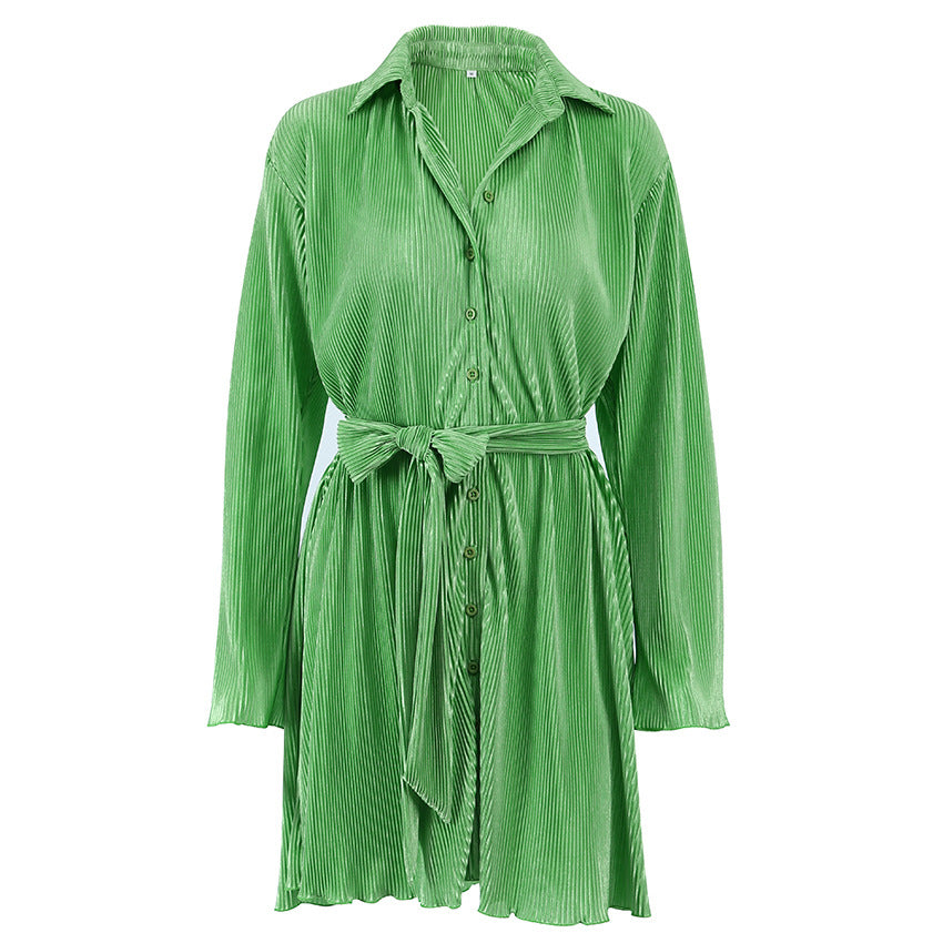 Spring Summer Green Toothpick Pleated Design Shirt Dress Women Clothing Dress