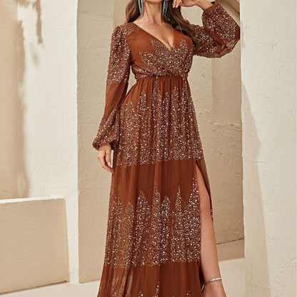 Maxi Dress   Long Sleeve Sequined Chiffon Deep V Plunge Neck Split Waist Fitted Dress