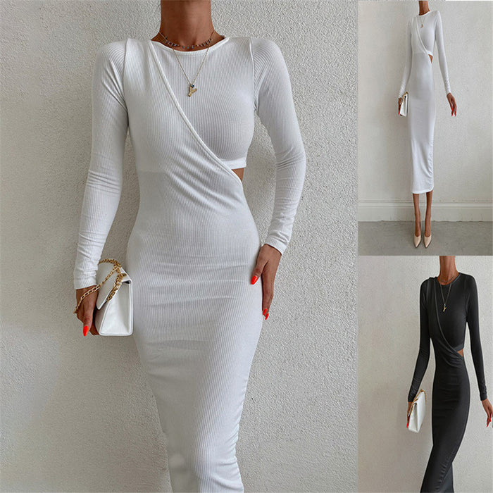 Women Clothing Autumn Office Hollow Out Cutout out Stitching Asymmetric Slim Fit Long Sleeved Dress