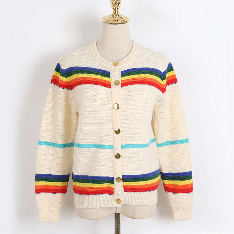 Rainbow Striped Jacquard Thick Sweater Women Autumn Winter Loose  Women Clothing Cardigan