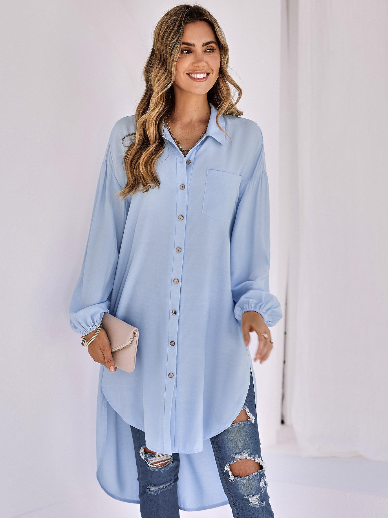 Autumn Winter Women Casual Solid Color Loose Long Collared Shirt Women