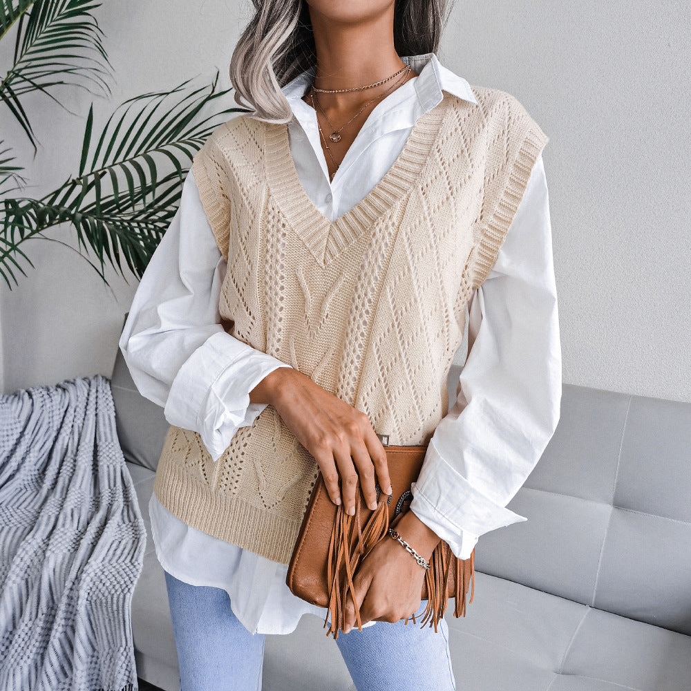 Autumn Winter Cutout Twist V neck Knitted Vest Sweater Women Clothing
