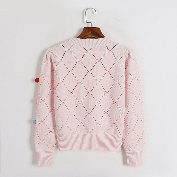 Puff Sleeve round Neck Sweater Early Spring Sweet Colorful Fur Ball Hollow Out Cutout Pullover