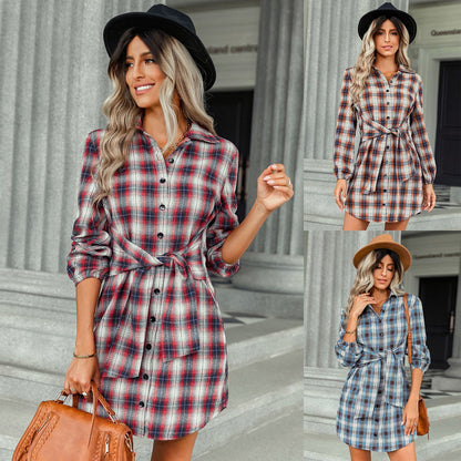 Autumn Winter Lace-up Waist-Controlled Shirt Short  Women Clothing Plaid Dress