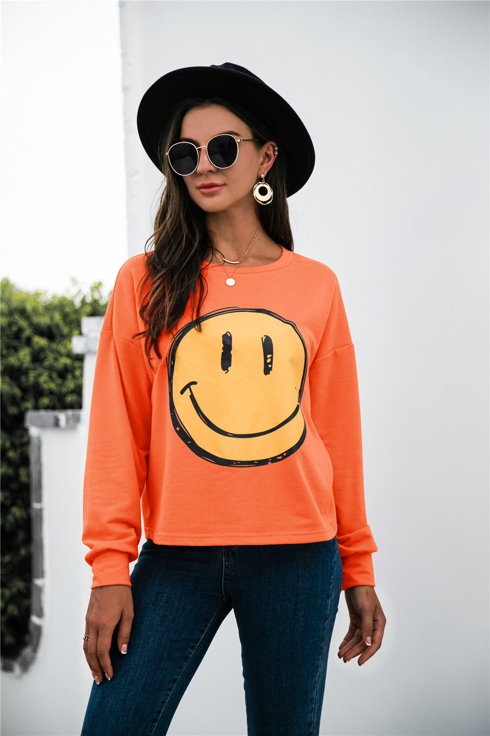 Autumn Winter round Neck Smiley Face Printing Casual Long Sleeve  Smiley Face Sweatshirt