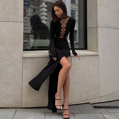 Women Clothing Autumn Sexy Hollow Out Cutout out Tied Slim Fit Slit Long Sleeve Dress