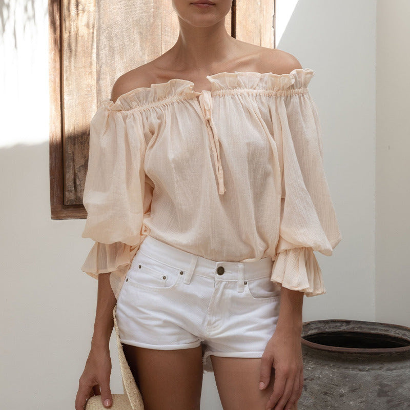 Spring Summer Special Interest Design Stringy Selvedge Shirt Pure Cotton French V neck Two Way Strap off Shoulder Top