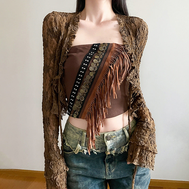 Exotic Ethnic Metal Vintage Ornament Burrs Tube Top Two Piece Waste Soil Sexy Slim Fit Inner Wear Vest Top