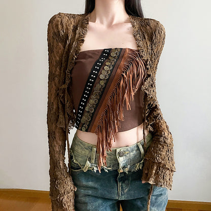 Exotic Ethnic Metal Vintage Ornament Burrs Tube Top Two Piece Waste Soil Sexy Slim Fit Inner Wear Vest Top