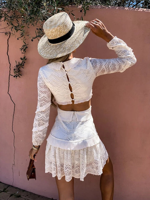 V-neck Long Sleeve Cropped Outfit Lace Dress